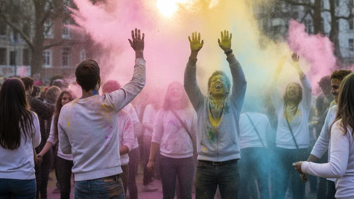 Generic image of a Holi festival celebration with clouds of colored powder and people celebrating in a park.