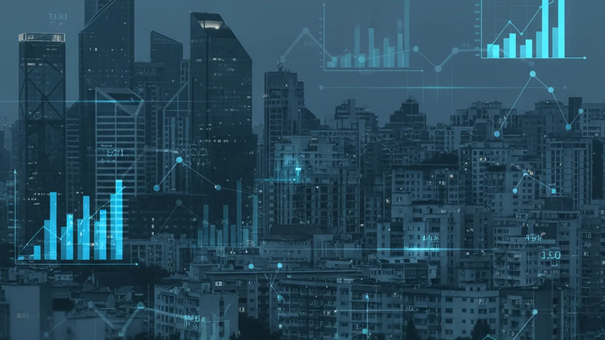 Imatge genèrica d'una ciutat amb gràfics estadístics superposats que representen dades socioeconòmiques.