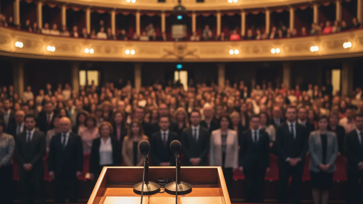 Generic image of a theater interior during an institutional event with an audience.
