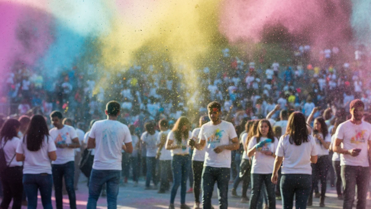 Imatge genèrica d'una celebració de la festa Holi amb núvols de pols de colors en un parc.