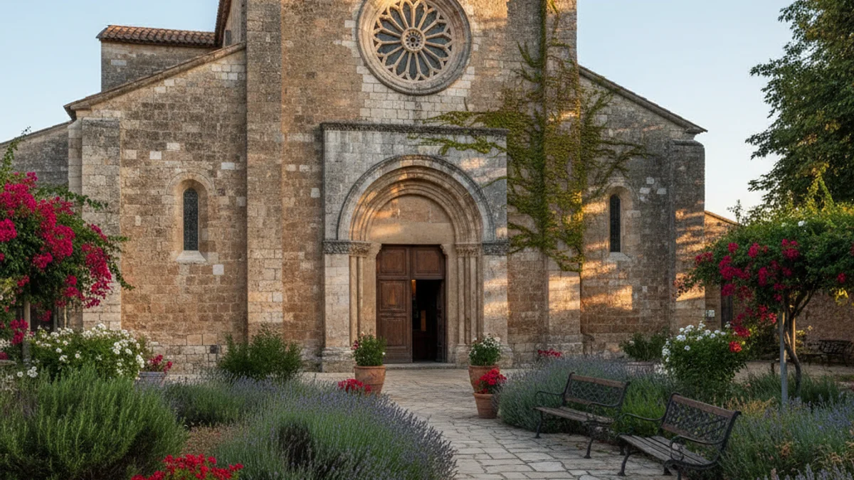 Imatge genèrica d'una antiga església de pedra amb un jardí exterior sota la llum del sol.