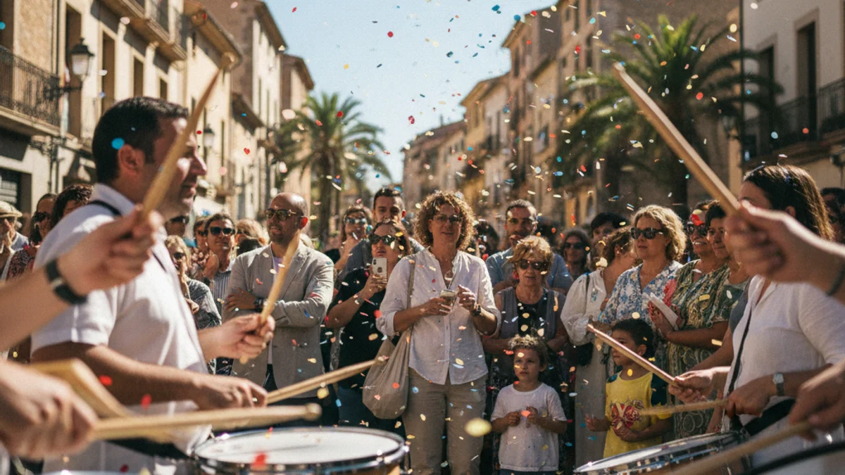 Generic image of several percussionists playing drums during a festive street parade.