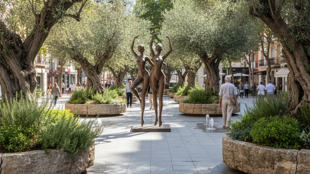 Imatge genèrica de la nova zona verda i l'escultura central a la plaça de Corona d'Aragó.