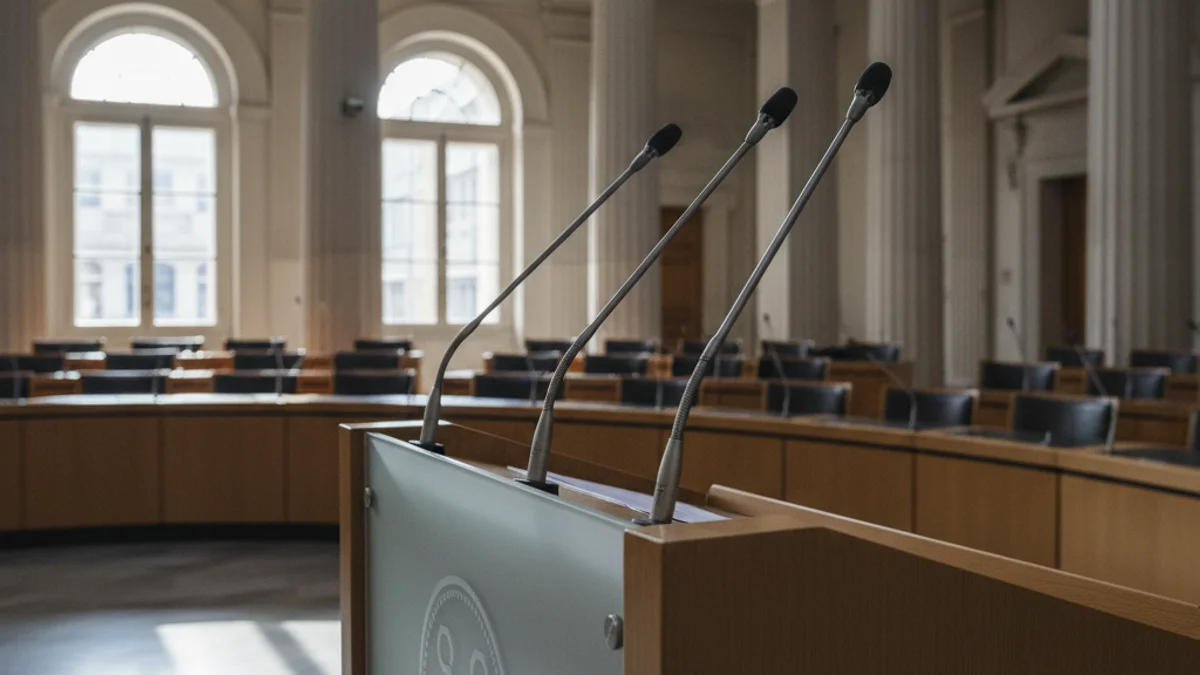 Generic image of a podium with microphones in a municipal council chamber.