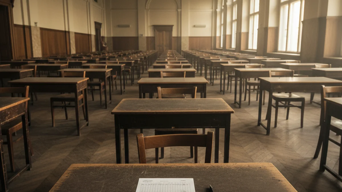 Imatge genèrica d'una aula d'exàmens buida amb llum natural.