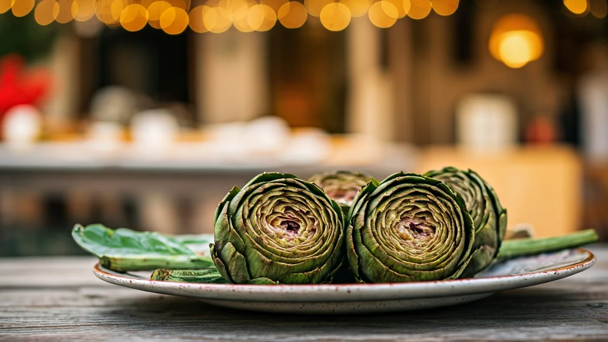 Generic image of grilled artichokes on a wooden table, with a blurred festive atmosphere in the background