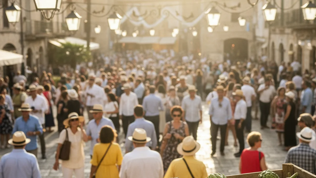 Imatge genèrica d'unes carxofes fresques en un mercat a l'aire lliure durant una festivitat local.