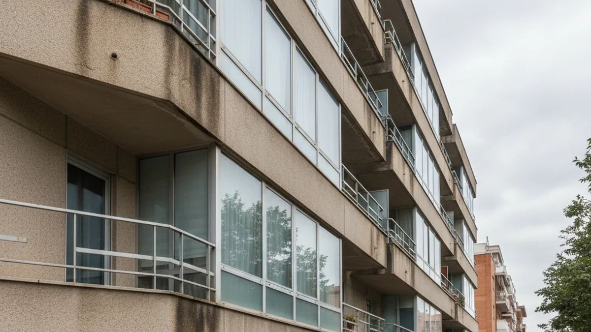 Imatge genèrica d'un bloc de pisos d'habitatge protegit amb detalls de la façana.