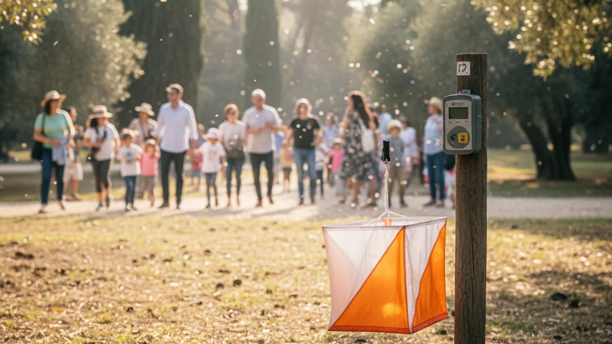 Imatge genèrica d'una fita d'orientació en un parc durant una competició escolar.