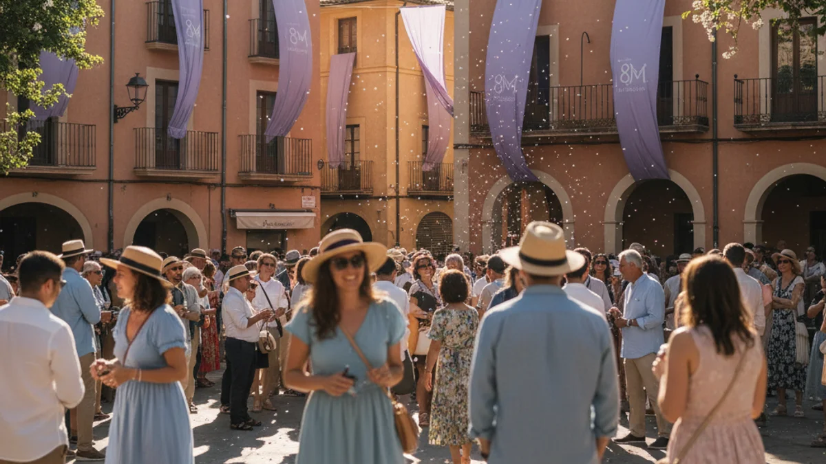Imatge genèrica d'una concentració ciutadana en una plaça pública amb motiu del Dia de les Dones.
