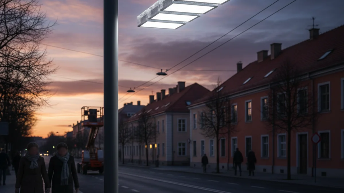 Imatge genèrica d'un fanal amb tecnologia LED il·luminant un carrer durant el vespre.