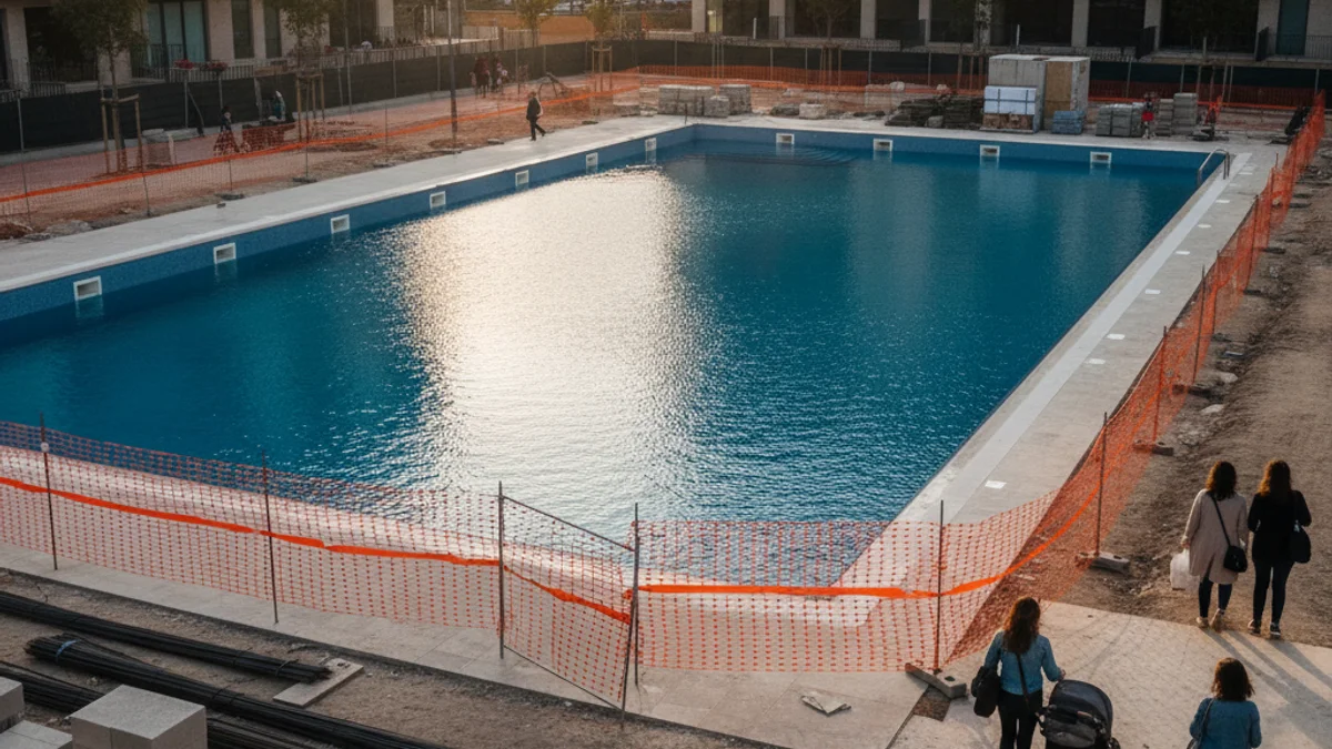 Generic image of a municipal swimming pool under construction with perimeter fencing.