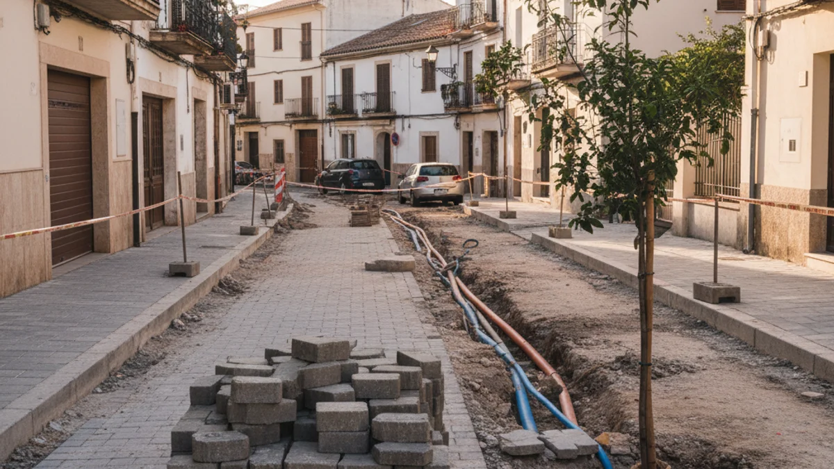 Generic image of urban redevelopment works in a street with new trees and underground utilities.