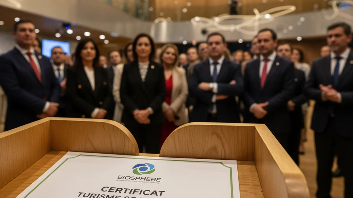 Imatge genèrica d'un diploma de sostenibilitat turística sobre un podi durant un acte institucional.