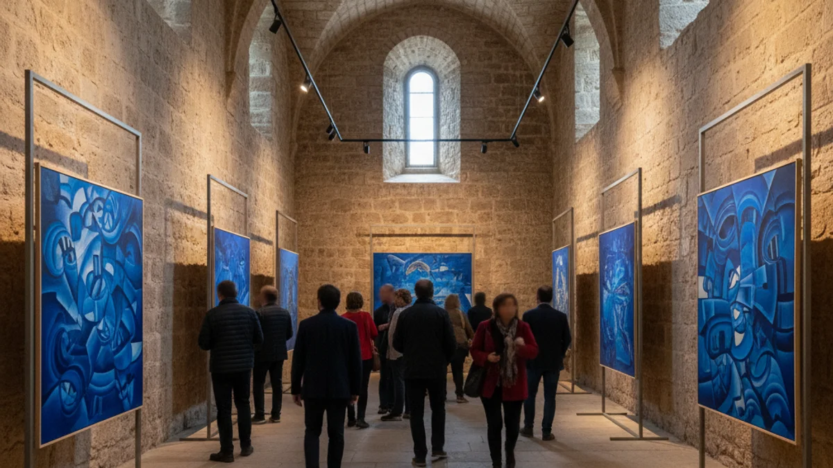 Generic image of an art exhibition room with blue-toned paintings in a historical setting.