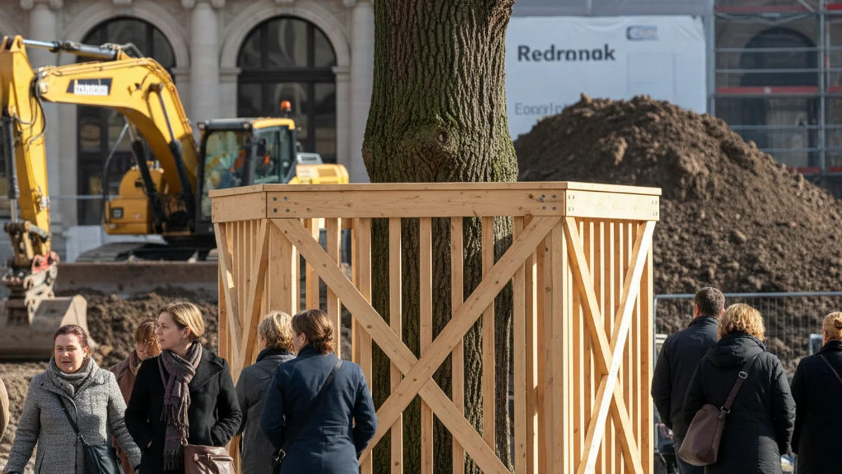 Imatge genèrica d'un arbre protegit durant unes obres de reurbanització en una plaça pública.