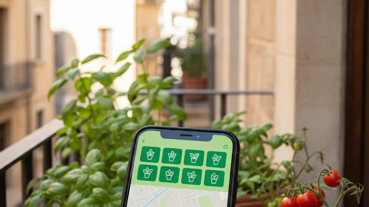 Imatge genèrica d'una aplicació mòbil enfocada a la cura de les plantes en un entorn urbà.