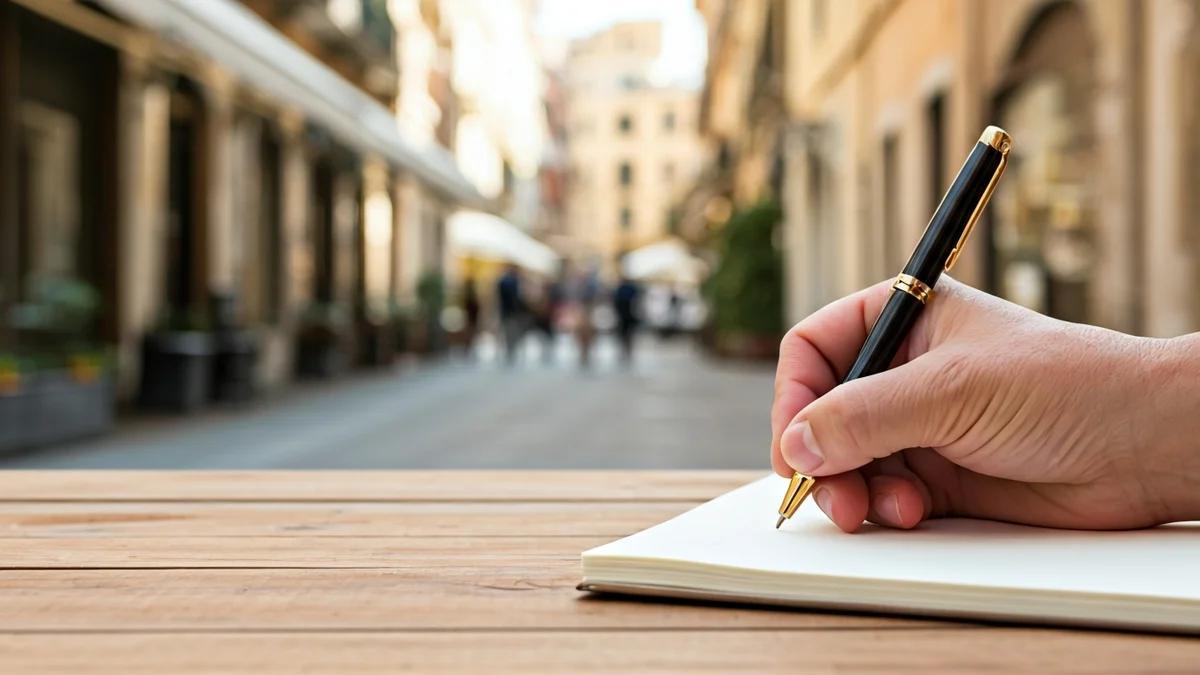 Generic image of a hand signing a book in a street setting.