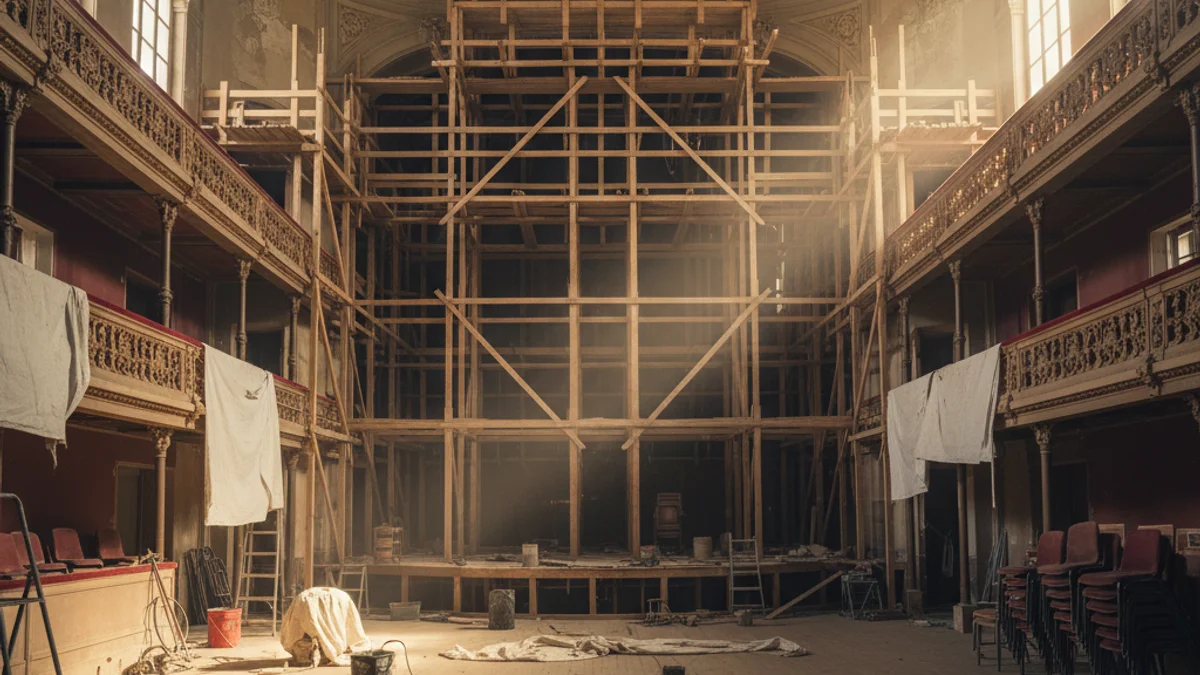 Imatge genèrica de l'interior d'un teatre antic en procés de reforma amb bastides i estructures de fusta.