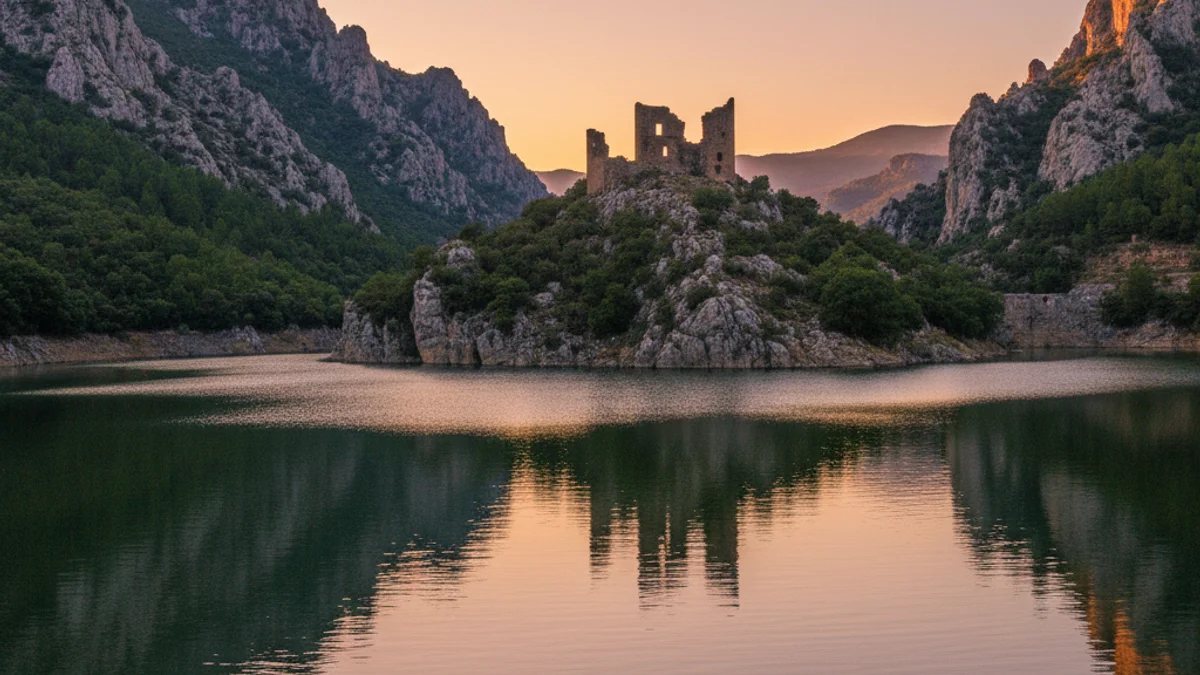 Imagen genérica del embalse de Sant Llorenç de Montgai rodeado de montañas al atardecer.