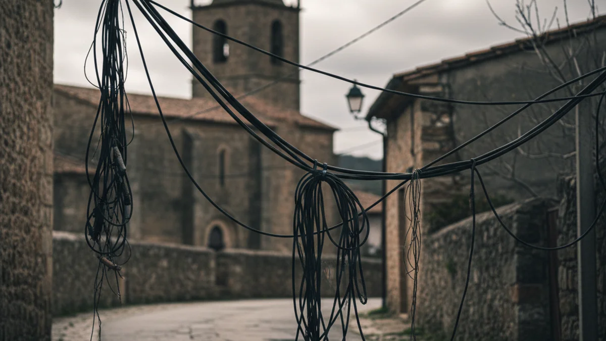 Generic image of sagging and loose telephone cables hanging low over a street.
