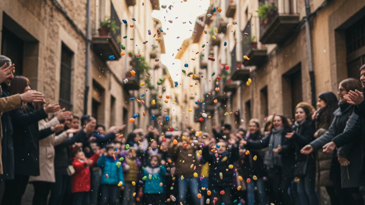 Generic image of a candy rain during a traditional celebration in the streets of Barcelona.