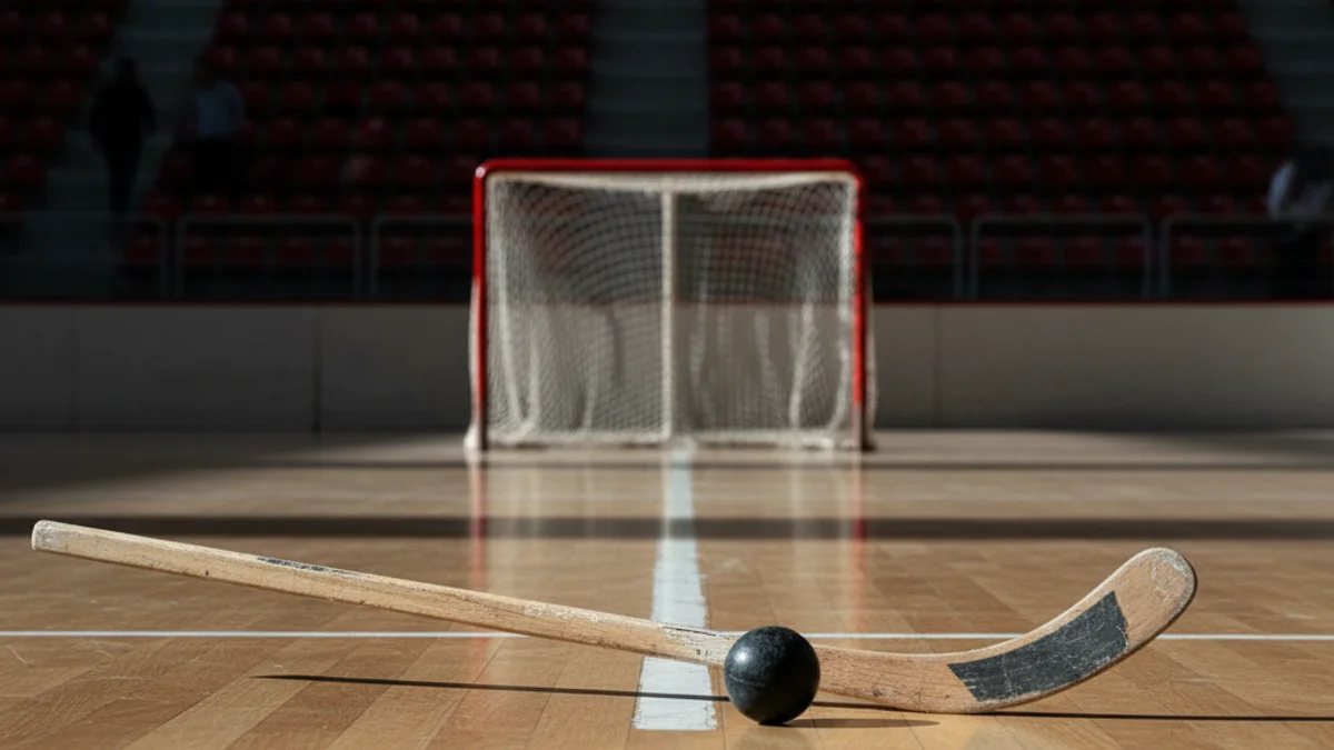 Imatge genèrica d'una pista d'hoquei patins amb una bola i un estic sota els focus del pavelló.