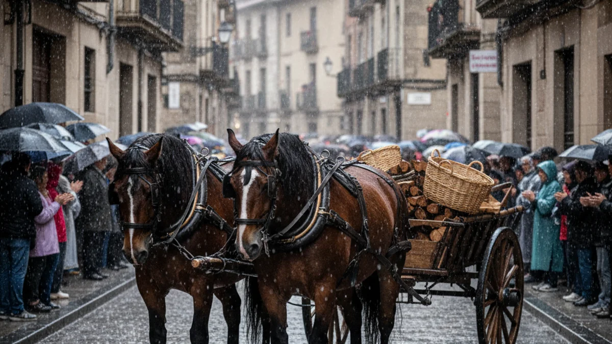 Generic image of a traditional horse-drawn carriage parading under the rain during a folk festival.