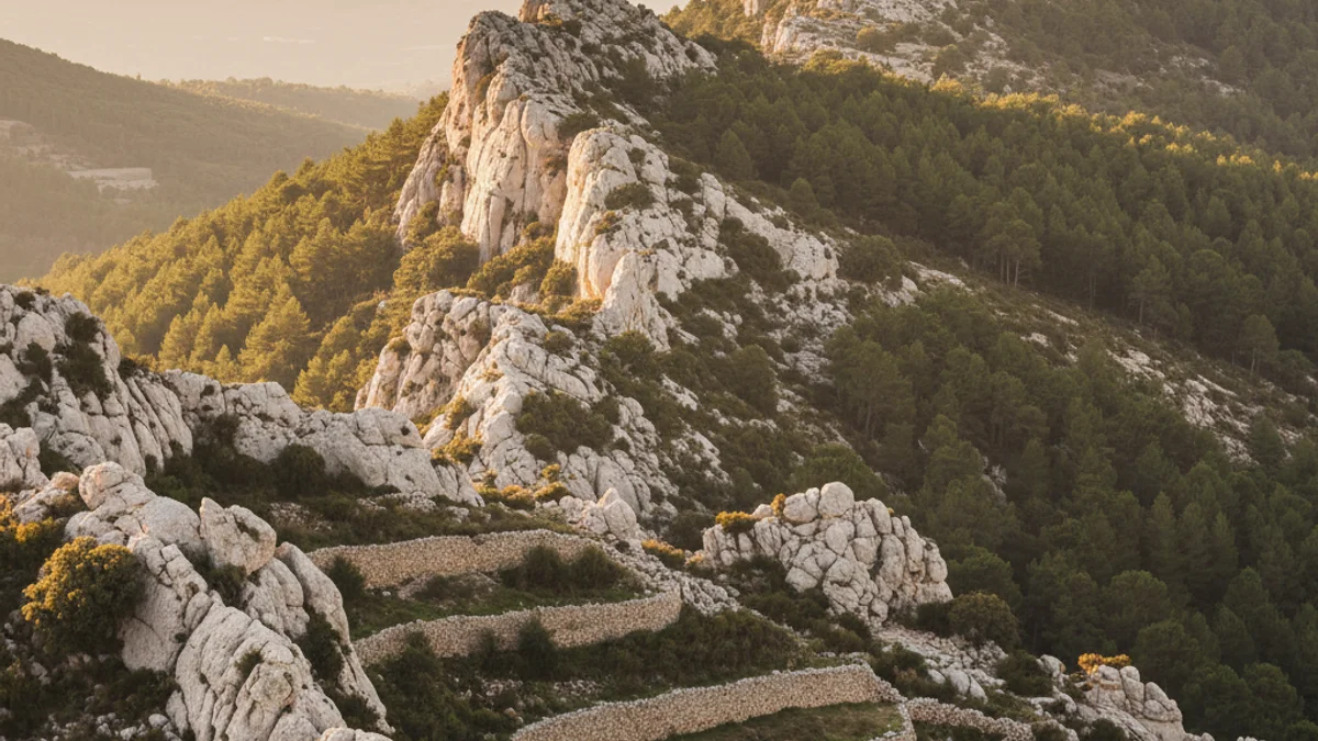 Generic image of a mountain landscape in the Pre-Pyrenees with forests and limestone cliffs.