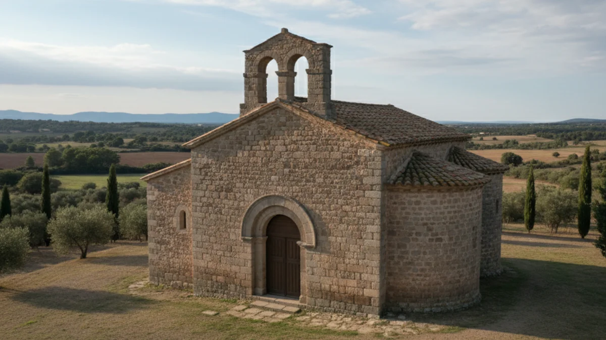 Imatge genèrica de l'arquitectura romànica rural amb una església de pedra i campanar d'espadanya.