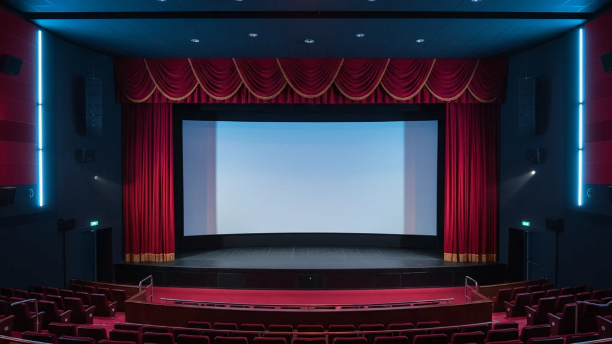 Imagen genérica del interior de una sala de cine con la pantalla en blanco y cortinas rojas.