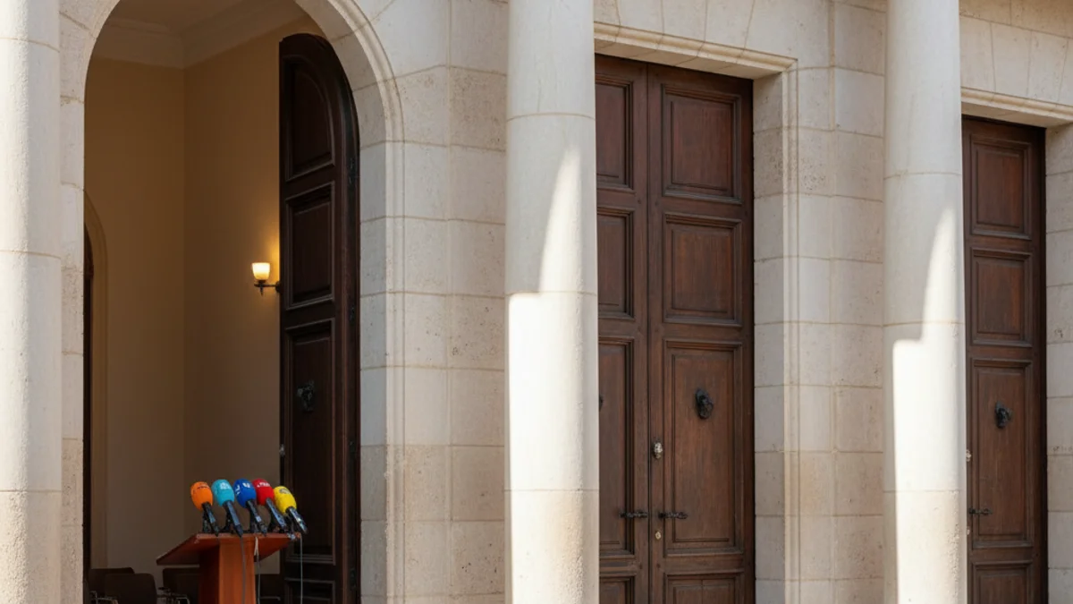 Imatge genèrica de l'interior d'una sala de plens municipal amb micròfons preparats per a una intervenció.