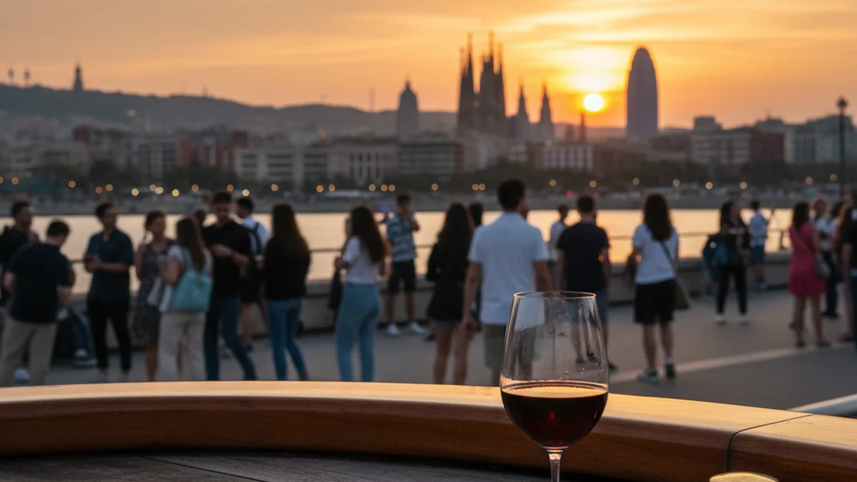 Imatge genèrica d'una posta de sol sobre el perfil marítim de Barcelona, simbolitzant el sector dels esdeveniments i el turisme.