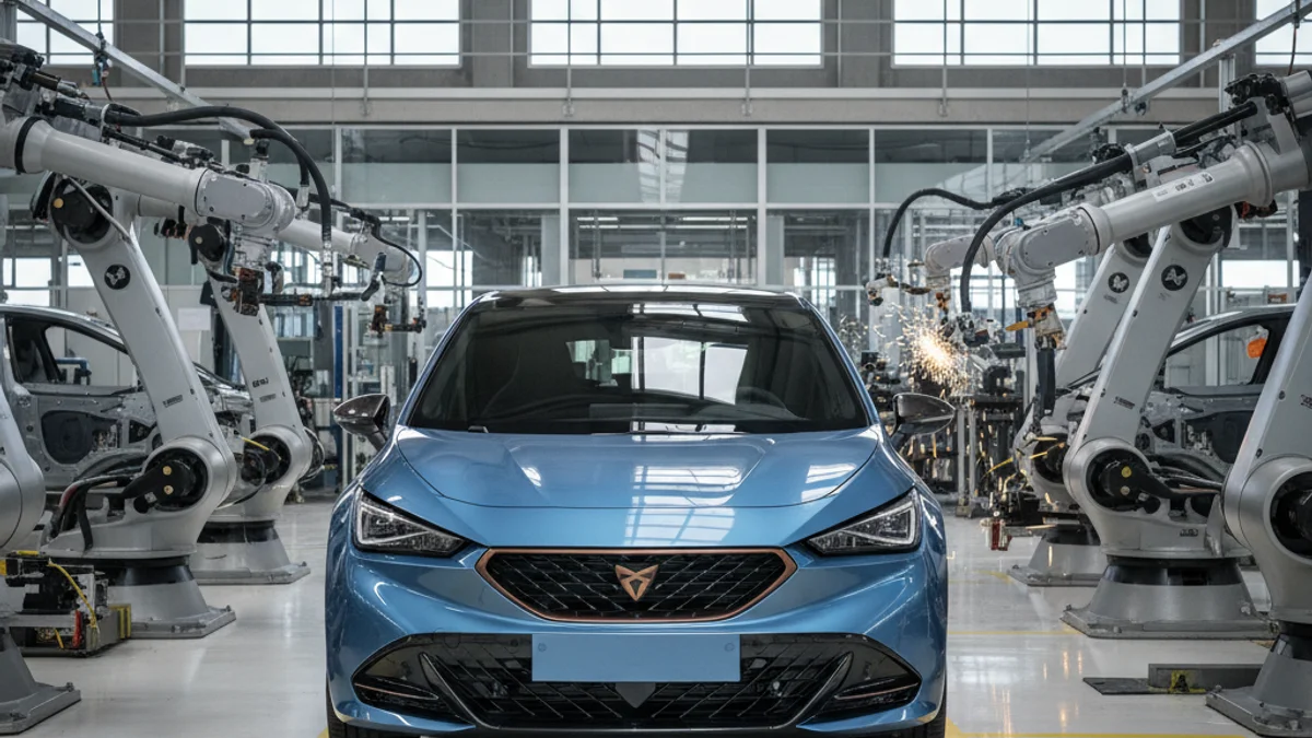 Imatge genèrica d'un vehicle elèctric modern en una línia de producció automatitzada.