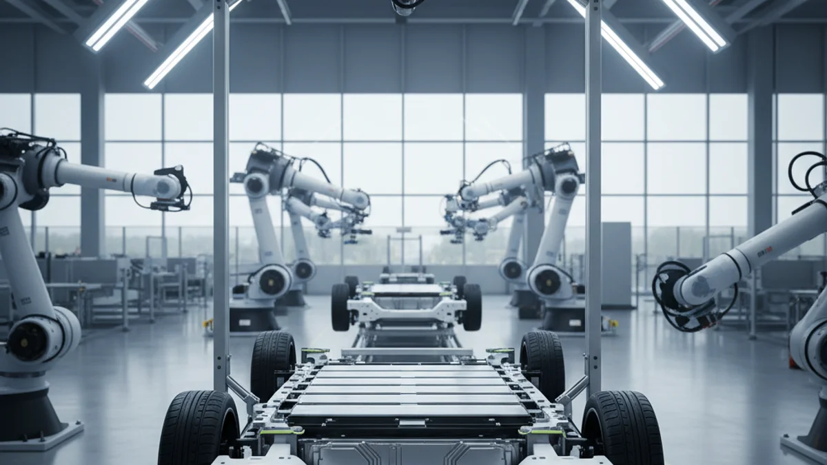 Imatge genèrica d'una plataforma per a vehicles elèctrics en una línia de muntatge industrial.