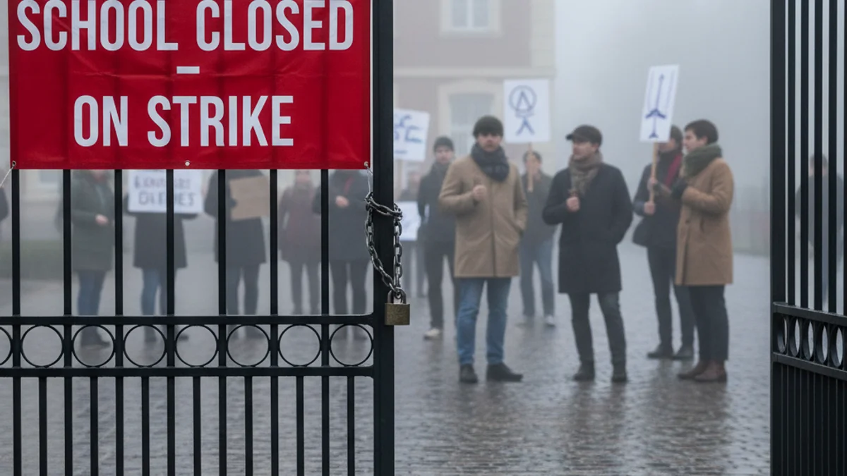 Imagen genérica de una pancarta reivindicativa en la puerta de un centro educativo durante una jornada de huelga.