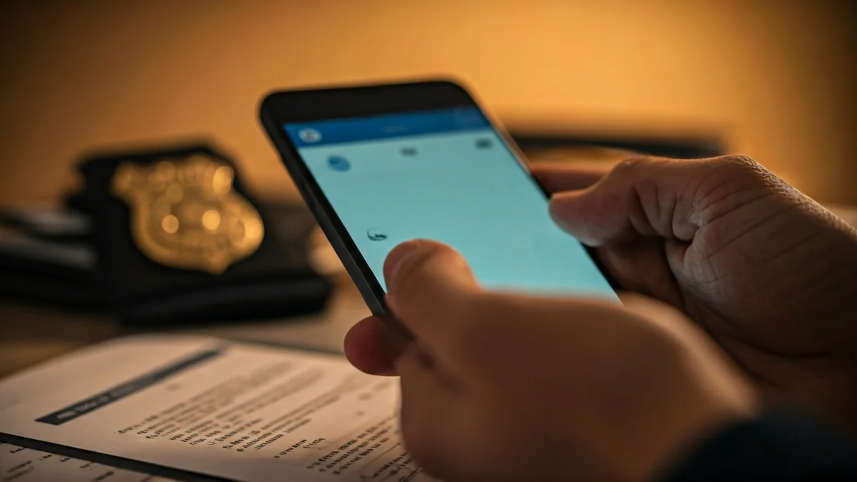 Imagen genérica de un teléfono móvil con una aplicación de mensajería, documentos oficiales y un distintivo policial al fondo