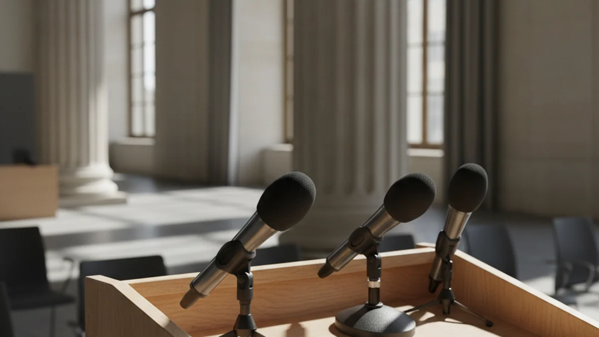 Imatge genèrica d'un faristol amb micròfons en una sala de premsa institucional.