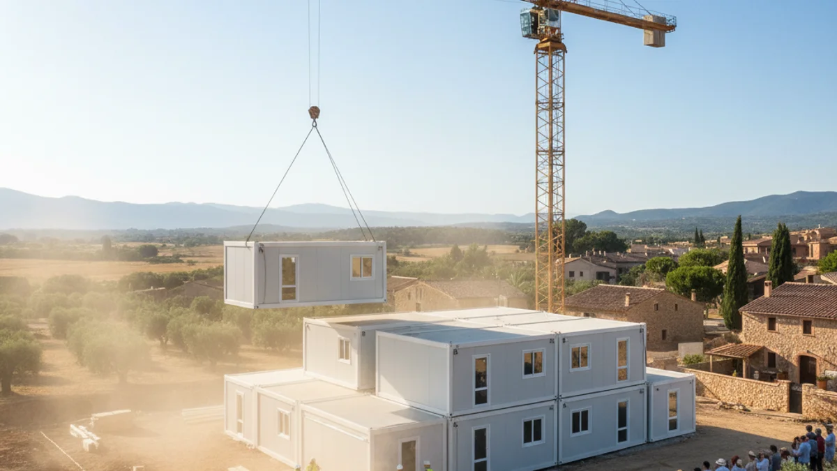 Imatge genèrica de l'arribada de mòduls prefabricats per a la construcció d'un equipament públic.