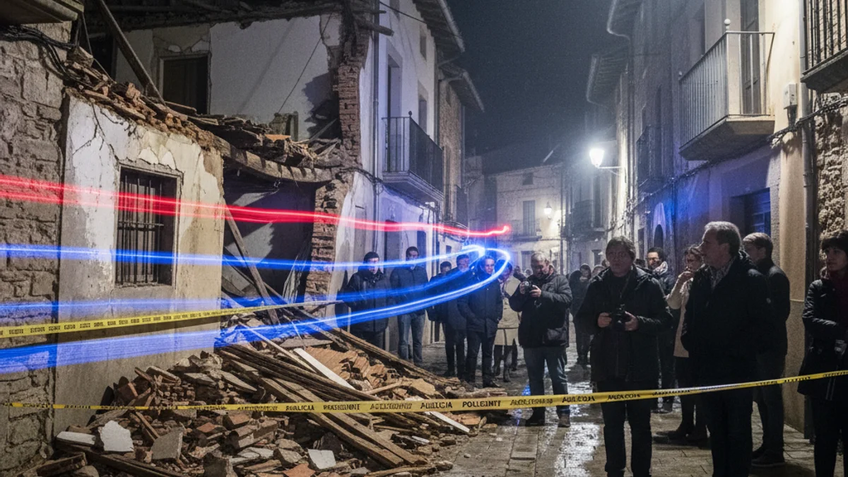 Imatge genèrica d'un carrer tallat amb runes i llums d'emergència després d'un esfondrament.