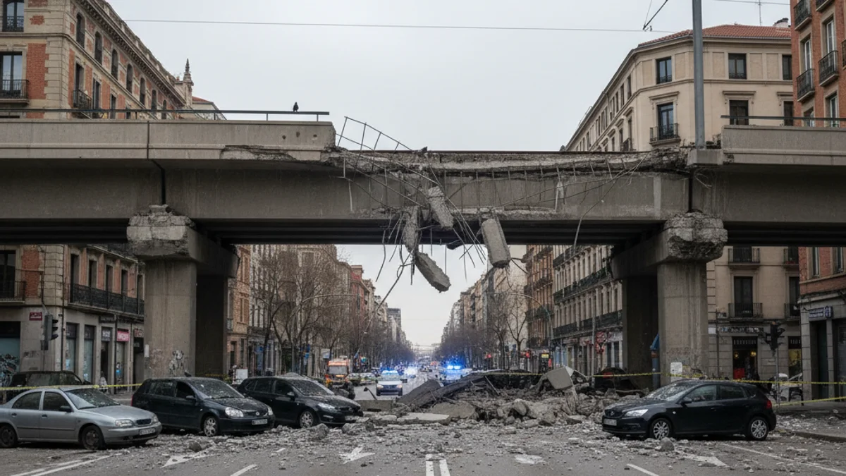 Imatge genèrica de les restes d'un pont ferroviari esfondrat sobre una calçada urbana amb senyalització d'emergència.