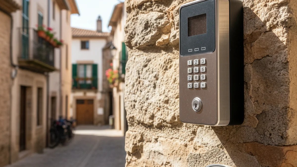 Imatge genèrica d'una bústia de claus per a apartaments turístics en una paret de pedra.