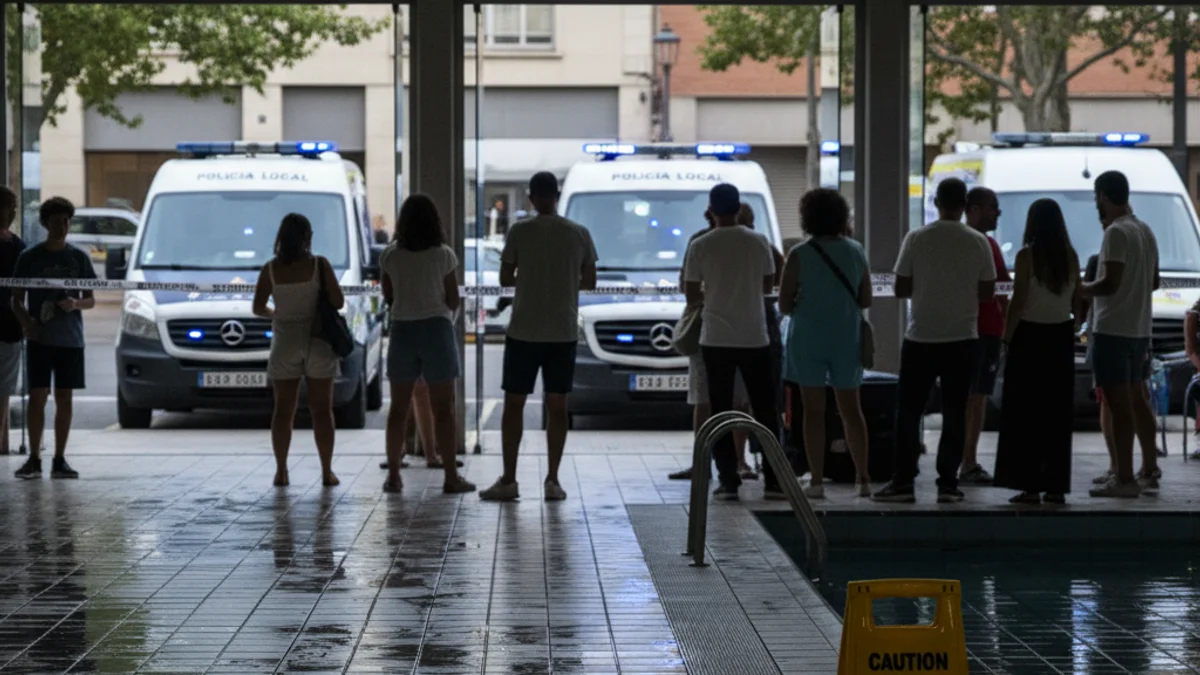 Generic image of a municipal swimming pool with emergency lights in the background after an incident.