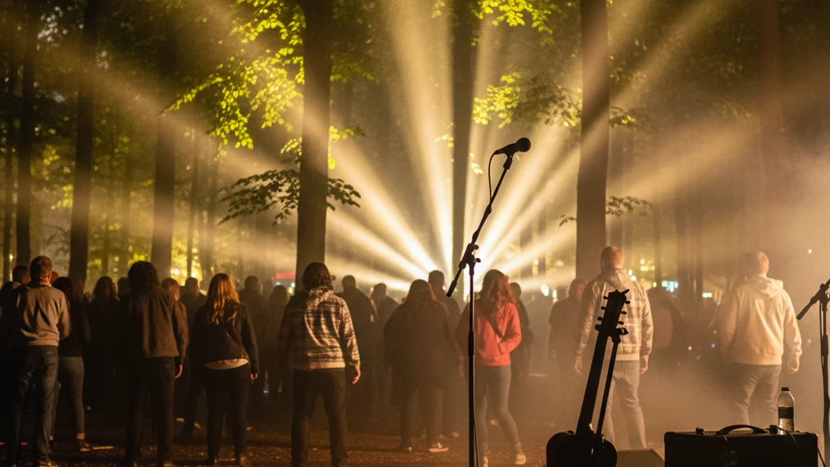 Generic image of an outdoor music festival stage during sunset in a natural setting.