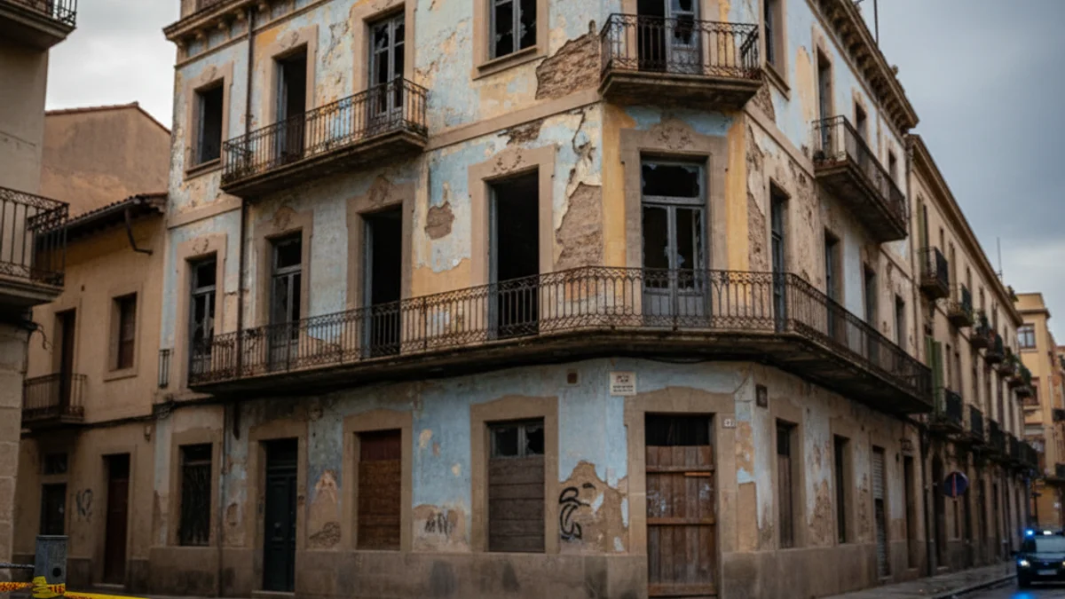 Imatge genèrica d'un edifici abandonat amb llums policials difuminades al fons.