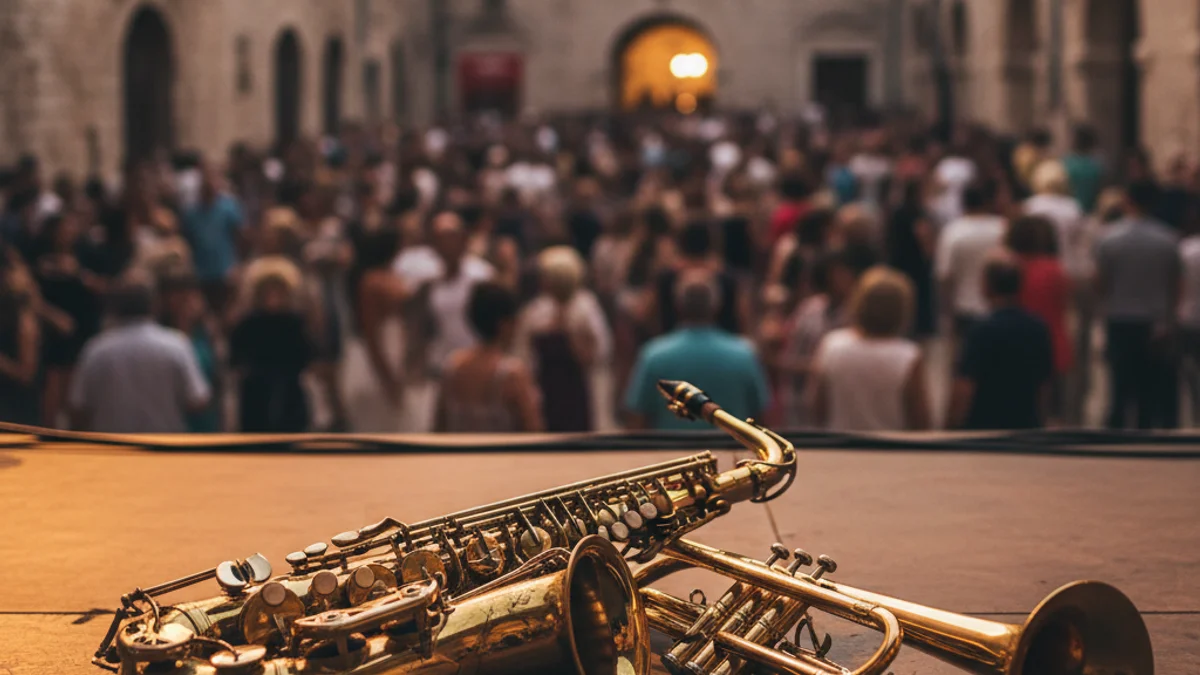 Imagen genérica de instrumentos de jazz bajo las luces de un escenario durante un festival.