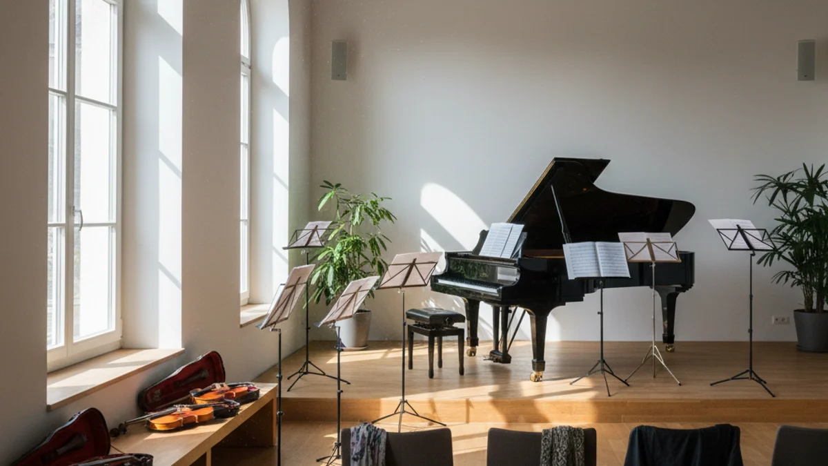Imatge genèrica de l'interior d'una escola de música amb diversos instruments i partitures.