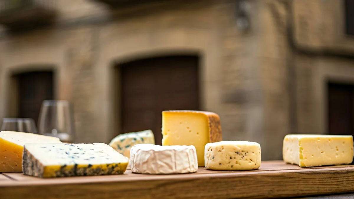Imagen genérica de quesos artesanos en una tabla de madera, con copas de vino al fondo.