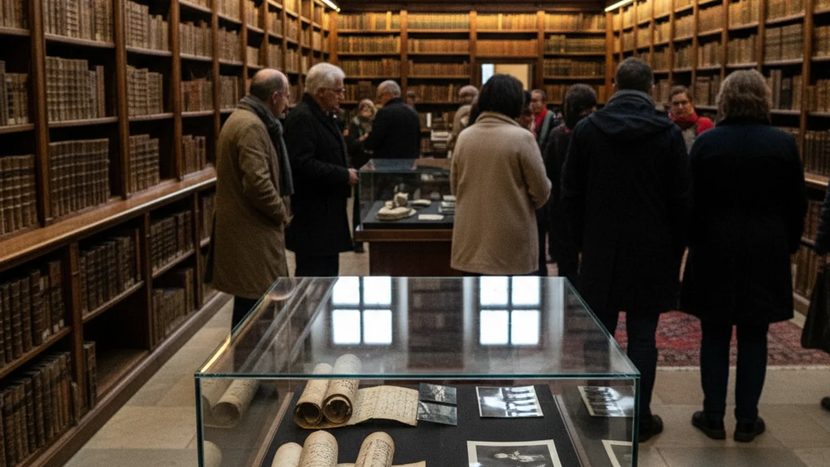 Imatge genèrica d'una exposició de documents històrics i fotografies antigues en una biblioteca.