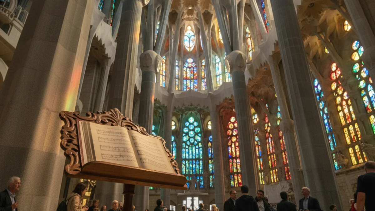 Imagen genérica del interior de la Basílica de la Sagrada Família con luz filtrada por las vidrieras.